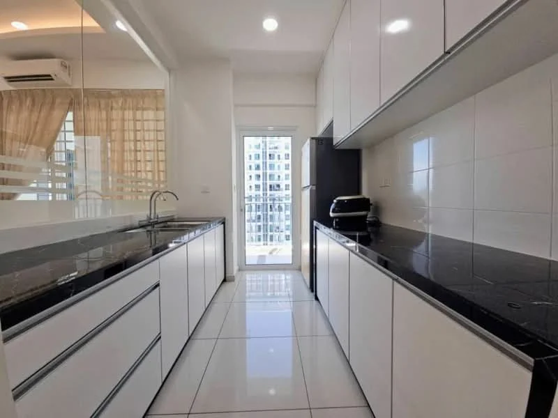 Kitchen features: black granite countertop, white flat-panel cabinets, stainless-steel sink, chrome pull-down faucet, built-in oven, microwave, ceramic tile flooring, recessed downlights, floor-to-ceiling windows, sliding glass door, sheer curtains, open shelving, pantry storage; style: modern; view: city.