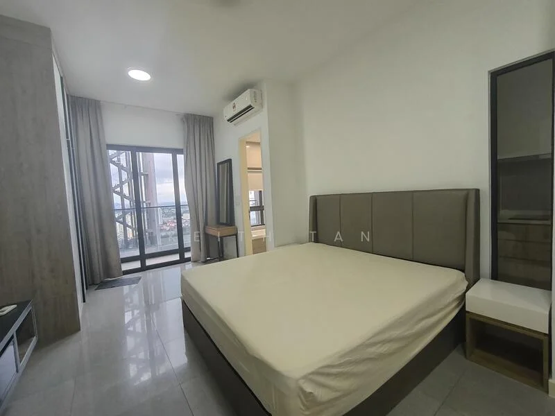 Bedroom features: king-size bed, upholstered headboard, floor-to-ceiling windows, grey curtains, white painted walls, polished tile flooring, wall-mounted split AC, built-in wardrobe, nightstand, decorative mirror; style: modern; view: city.