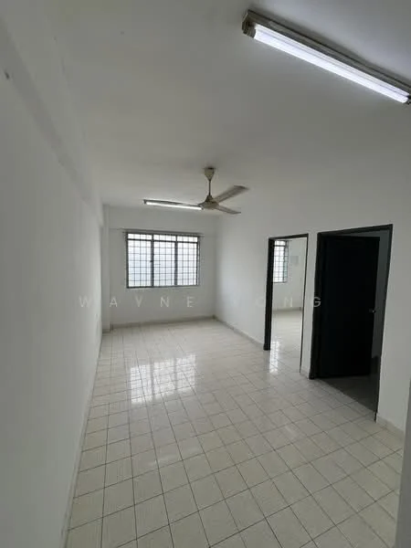 Room features: white painted walls, tile flooring, ceiling fan, large windows, doorway leading to another room, fluorescent lighting; style: minimalist.
