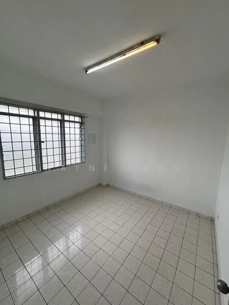 Room features: white painted walls, tiled flooring, grid ceiling with fluorescent light, metal window grilles, large windows, neutral color scheme; style: minimalist.