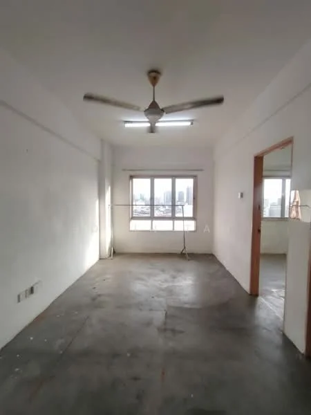 Room features: white painted walls, concrete flooring, 5-blade ceiling fan, window with city view, fluorescent ceiling lights, doorway leading to another room; style: minimalist; view: city.