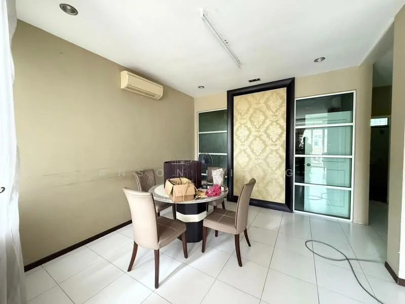 Dining features: round dining table, 4 upholstered dining chairs, cream painted walls, white tiled flooring, wall-mounted air conditioning unit, decorative feature wall with pattern, glass sliding door, natural light from windows; style: modern. Room features: white tiled flooring, cream painted walls, glass sliding door.
