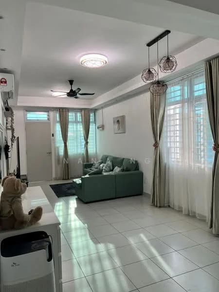 Living features: white painted walls, white ceiling, recessed downlights, 5-blade ceiling fan with light, large windows with sheer curtains, green fabric sofa, decorative pendant lights, tile flooring, air conditioning unit, decorative wall art, teddy bear decor, black area rug; style: modern.