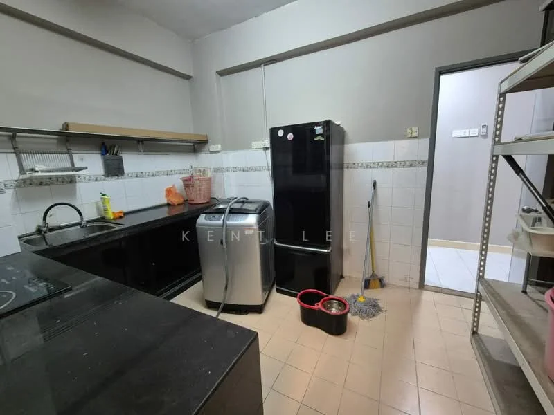Kitchen features: black granite countertop, black cabinetry, stainless-steel sink, chrome pull-down faucet, built-in electric stove, stainless-steel refrigerator, front-load washing machine, tile backsplash, ceramic tile flooring, wall-mounted shelves, broom and dustpan, cleaning supplies, open shelving unit; style: modern.