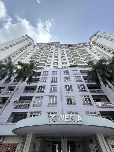 Exterior type: high-rise condominium; features: white painted facade, glass windows, balconies on multiple floors, entrance with circular awning, signage with 'TOWER A', palm trees in front, approximately 10-storey high-rise; style: modern.