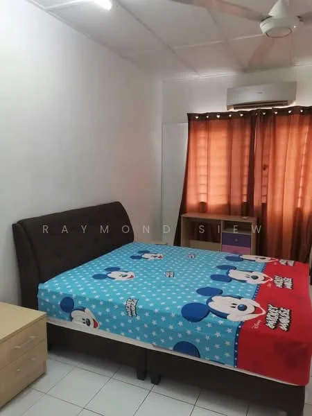 Bedroom features: queen-size bed with upholstered headboard, blue and white cartoon-themed bedspread, wooden bedside table, built-in wardrobe, curtains in orange, white painted walls, ceiling fan, tile flooring, air conditioning unit; style: modern.