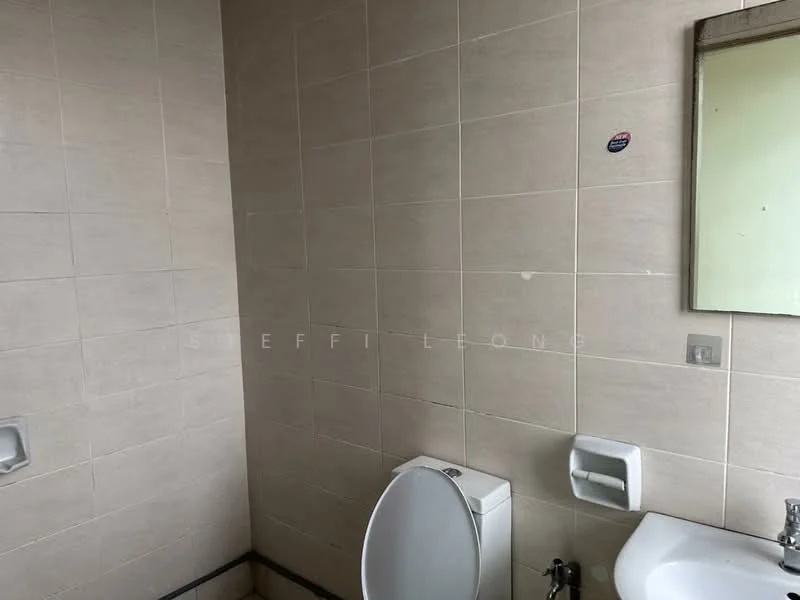 Bathroom features: white tiled walls, light grey tiled flooring, one-piece toilet, sink with chrome faucet, framed mirror, toilet paper holder, wall-mounted soap dish.
