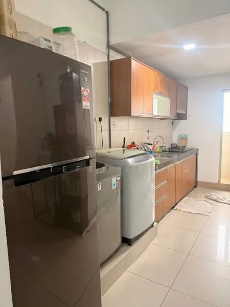 Kitchen features: brown cabinetry, black countertop, stainless-steel fridge, front-load washing machine, top-load washing machine, white ceramic tile flooring, white tiled walls, window with natural light, sink, kitchen utensils on countertop; style: modern.