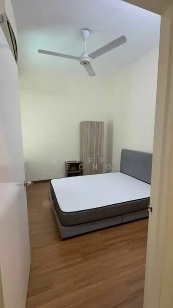 Bedroom features: queen-size bed frame without mattress, wooden flooring, white painted walls, ceiling fan, built-in wardrobe, natural light from window, neutral color scheme; style: modern.