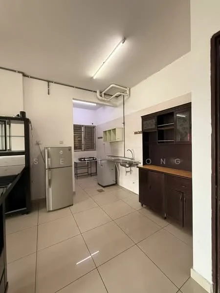 Kitchen features: stainless-steel fridge, double-bowl stainless-steel sink, chrome pull-down faucet, laminate countertop, dark wood cabinetry, white tiled backsplash, ceramic tile flooring, fluorescent ceiling lights, window with metal grille, open shelving, built-in cabinets; style: modern.