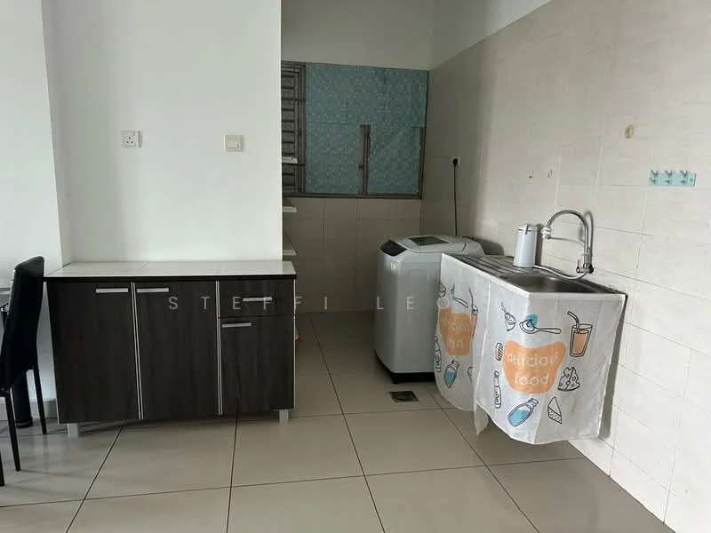 Kitchen features: white tiled walls, light grey floor tiles, dark wood cabinetry, single-bowl stainless-steel sink, chrome pull-down faucet, washing machine, countertop, kitchen towel hanging, window with metal grille; style: modern.
