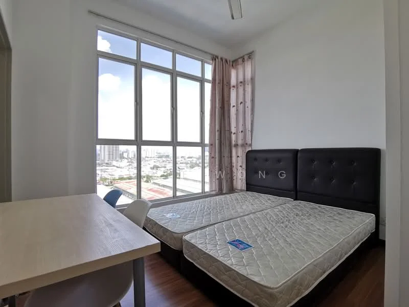 Bedroom features: two single beds with mattresses, upholstered headboard in dark fabric, large windows with city view, sheer curtains, wooden flooring, study table with chair, ceiling fan, wall-mounted light fixture; style: modern; view: city.