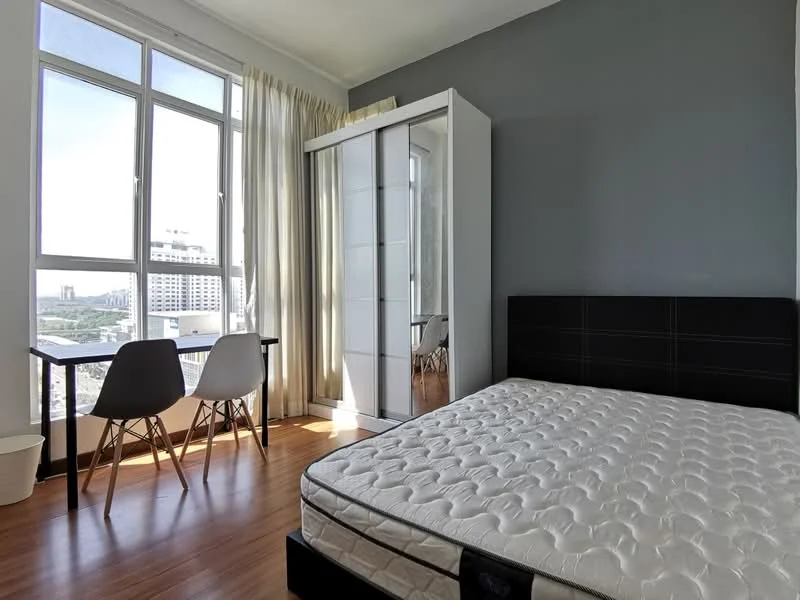 Bedroom features: queen-size bed, black upholstered headboard, white mattress, white wardrobe with sliding doors, floor-to-ceiling windows, curtains, wood laminate flooring, small dining table with two chairs, city view; style: modern; view: city.