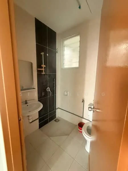 Bathroom features: white tiled walls, dark accent wall, ceramic tile flooring, single-sink vanity with mirror, chrome basin mixer faucet, toilet, shower with wall-mounted shower head, window for natural light; style: modern.