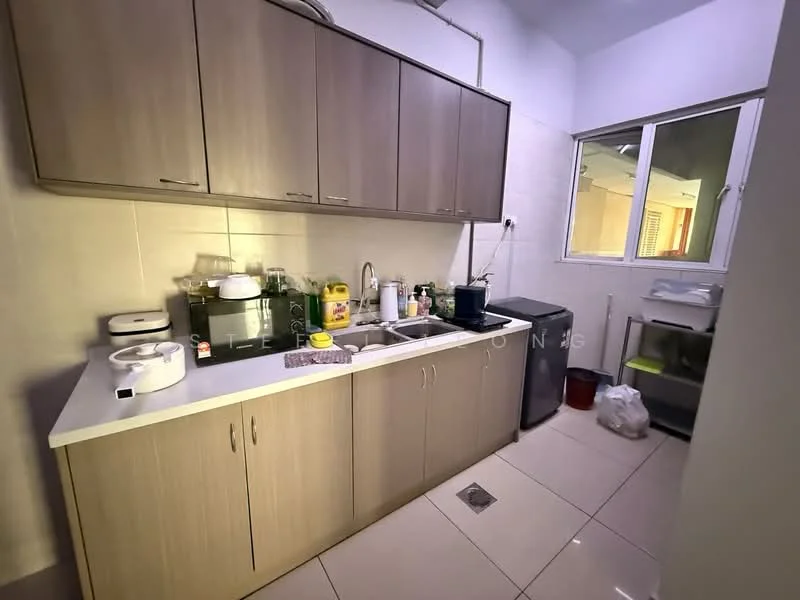 Kitchen features: light wood cabinetry, white countertop, single-bowl stainless-steel sink, chrome pull-down faucet, built-in stove, microwave, refrigerator, tile flooring, white tiled walls, window with view to exterior, kitchen utensils and appliances on countertop, trash bin; style: modern.