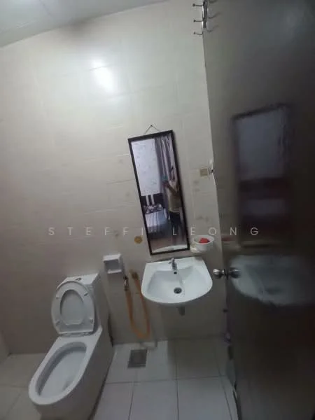 Bathroom features: white tiled walls, light grey floor tiles, one-piece toilet, small sink, mirror, shower area, towel rack, door with handle.
