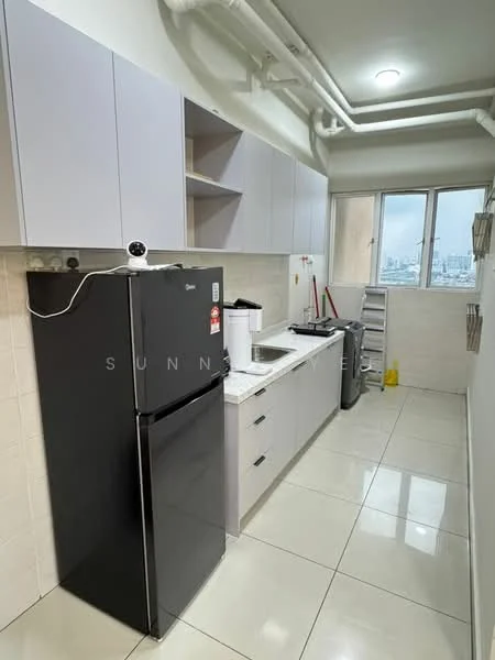 Kitchen features: grey upper cabinets, white lower cabinets, stainless-steel sink, chrome pull-down faucet, black fridge, built-in countertop, ceramic tile flooring, white tiled backsplash, window with city view, overhead lighting, open shelving, kitchen utensils visible; style: modern; view: city.