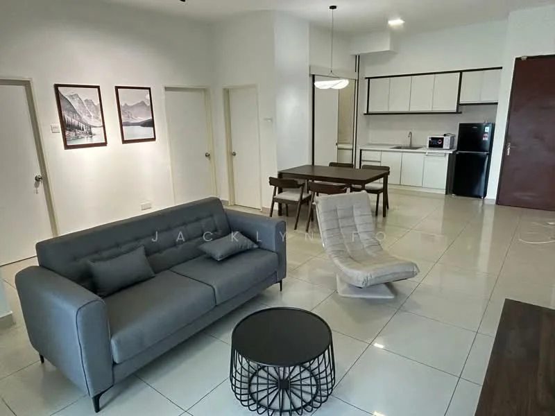 Living features: grey fabric 3-seater sofa, black coffee table with geometric design, light grey armchair, white walls, glossy white tile flooring, recessed downlights, framed artwork on walls, dining table with 4 chairs, kitchen area with white cabinetry, black refrigerator, microwave, kitchen countertop; style: modern.