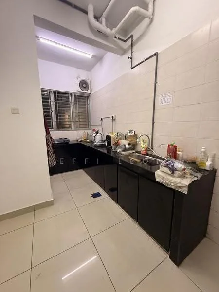 Kitchen features: black laminate cabinetry, white tiled backsplash, stainless-steel sink, chrome pull-down faucet, built-in gas stove, exhaust hood, wall-mounted split AC, grey ceramic tile flooring, window with metal grilles, countertop with clutter, wall-mounted pipes, light fixture on ceiling; style: modern.