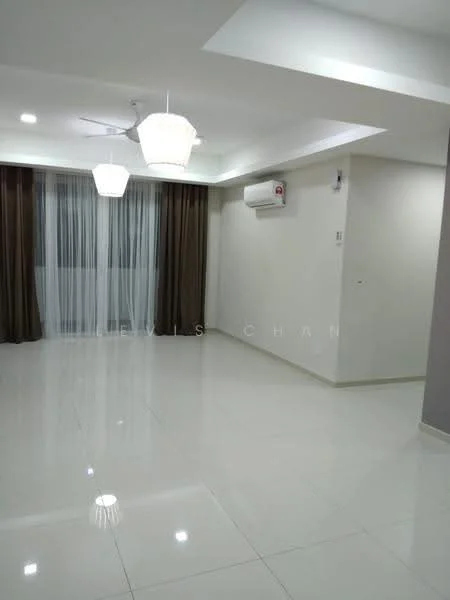 Living features: white painted walls, glossy tile flooring, 5-blade ceiling fan with light, two pendant lights, floor-to-ceiling windows with sheer curtains, wall-mounted split AC, recessed downlights, neutral color scheme; style: modern.