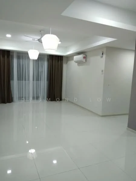 Living features: white painted walls, glossy ceramic tile flooring, tray ceiling, 2 pendant lamps, 1 wall-mounted split AC, floor-to-ceiling windows with sheer curtains, dark brown curtains, neutral color scheme; style: modern.