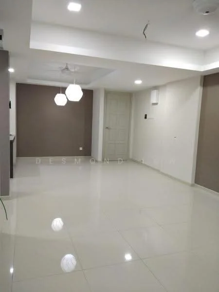 Living features: white painted walls, grey accent wall, polished ceramic tile flooring, tray ceiling, recessed downlights, 2 pendant lamps, 1 wall-mounted AC unit, door with panel design, open layout, no visible furniture; style: modern.