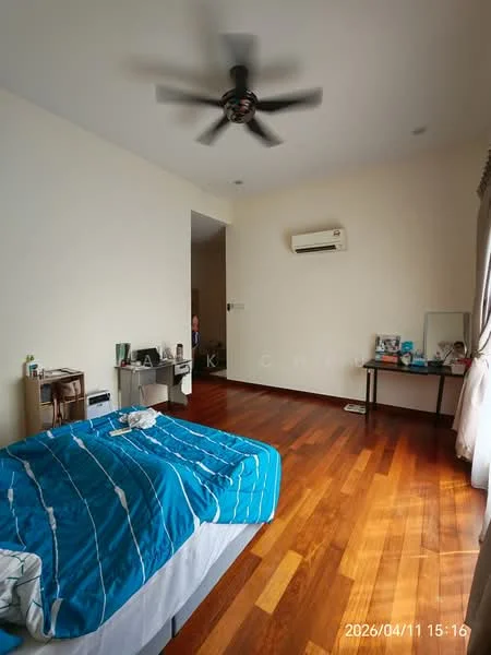 Bedroom features: queen-size bed with blue striped bedding, wooden flooring, 5-blade ceiling fan, wall-mounted split AC, large window with sheer curtains, decorative mirror on dresser, nightstand, light-colored painted walls; style: modern.