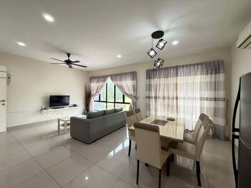 Living features: 3-seater fabric sofa in light grey, coffee table, wall-mounted TV, dining table for 6 with beige upholstered chairs, ceiling fan with 5 blades, recessed downlights, floor-to-ceiling windows with sheer curtains, white walls, glossy tile flooring, decorative plants in corner; style: modern; view: garden.