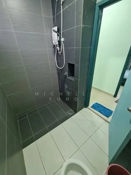 Bathroom features: grey tile walls, white tile flooring, walk-in shower, shower head with adjustable height, built-in shower niche, toilet, blue bath mat, green door, light green wall, wall-mounted water heater; style: modern.