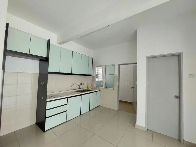Kitchen features: light green cabinetry, white countertop, single-bowl stainless-steel sink, chrome pull-down faucet, built-in oven, ceramic tile backsplash, white tiled walls, grey tiled flooring, window for natural light, door leading to another room; style: modern.