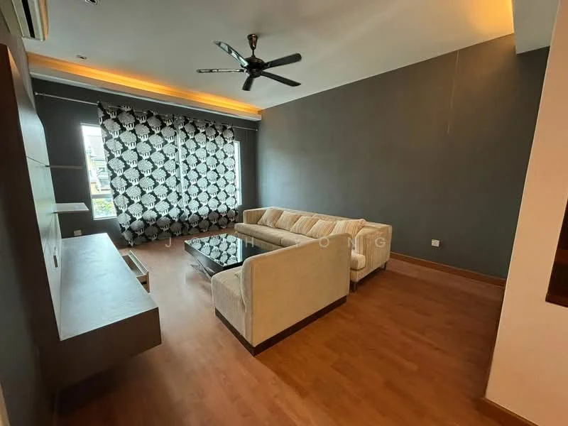 Living features: 3-seater fabric sofa in light beige, 2-seater fabric sofa in light beige, glass coffee table, black and white patterned curtains, ceiling fan with light, wooden flooring, wall-mounted TV console, accent wall in dark grey, recessed lighting, large window with city view; style: modern; view: city.