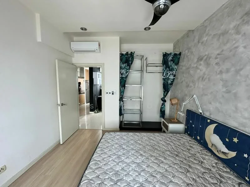 Bedroom features: queen-size bed with patterned bedding, upholstered headboard, wooden flooring, white painted walls, accent wall with grey texture, floor-to-ceiling window with sheer curtains, 1 wall-mounted split AC, ceiling fan, built-in wardrobe, decorative wall art, nightstand with lamp; style: modern.