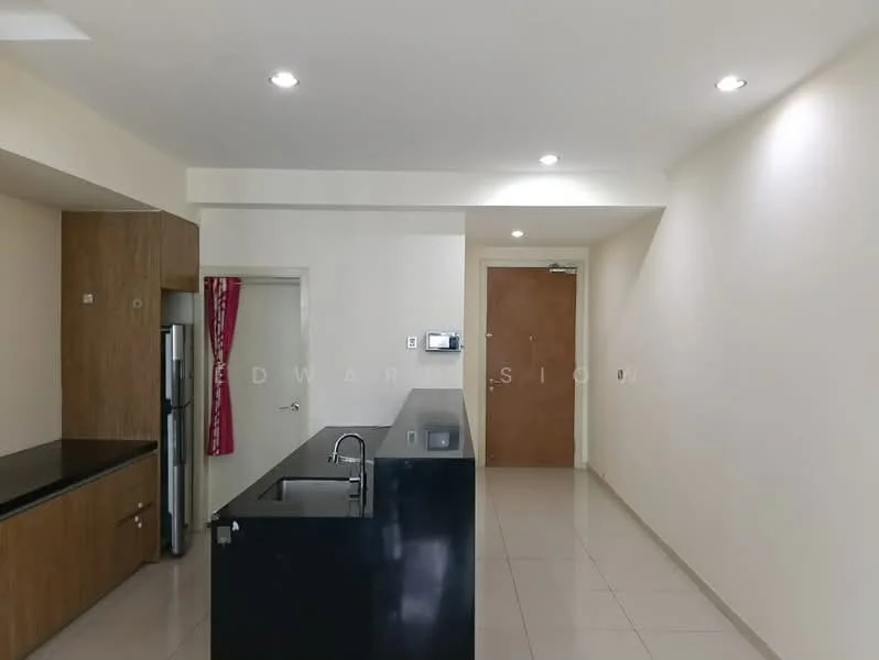 Kitchen features: black granite countertop, wood cabinetry, stainless-steel fridge, single-bowl stainless-steel sink, chrome pull-down faucet, wall-mounted microwave, recessed downlights, white painted walls, glossy tile flooring; style: modern. Room features: white painted walls, glossy tile flooring, doorway leading to hallway, light switch, recessed downlights.