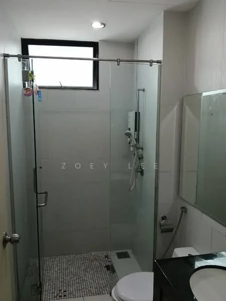 Bathroom features: glass shower enclosure, rain shower head, handheld shower, white toilet, single-sink vanity with mirror, chrome basin mixer, tile flooring, white tiled walls, window for natural light, built-in shower shelf; style: modern.
