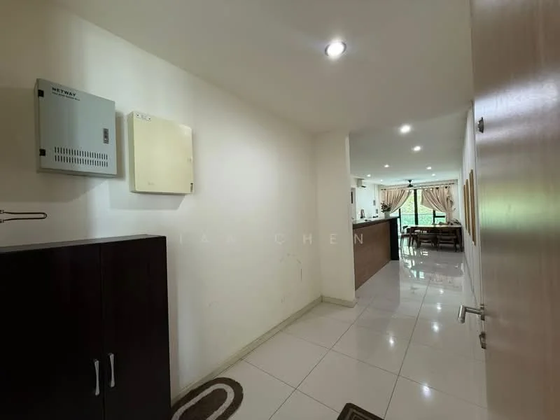 Room features: white painted walls, glossy ceramic tile flooring, recessed downlights, wall-mounted electrical panel, wooden cabinet, door with handle, open layout leading to another room, window with view to outside; style: modern.
