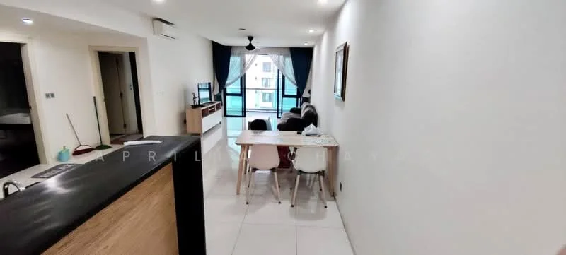 Living features: white painted walls, tile flooring, 5-blade ceiling fan with light, floor-to-ceiling windows, blackout curtains, sofa in dark color, coffee table, TV console, dining table with white chairs, decorative wall art; style: modern; view: city. Room features: open layout, natural light from windows.