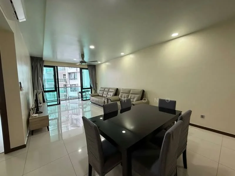 Living features: 3-seater fabric sofa in light grey, coffee table, wall-mounted TV, TV console, dining table for 6 with upholstered chairs, floor-to-ceiling windows, sliding glass door, white painted walls, recessed downlights, ceramic tile flooring, ceiling fan, curtains, decorative wall art; style: modern; view: city.