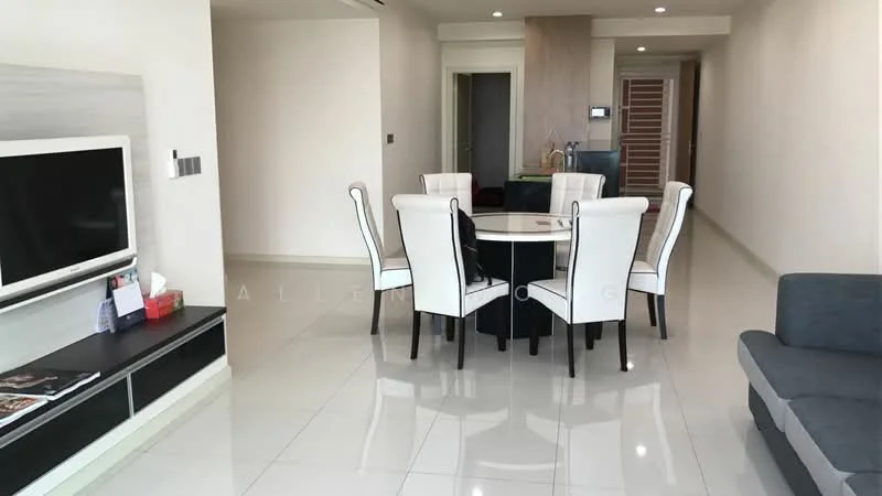 Living features: white painted walls, glossy tile flooring, sofa in grey fabric, coffee table, TV console with wall-mounted TV, dining table with 6 upholstered chairs, recessed downlights, open layout, decorative wall panel, doorway leading to other rooms; style: modern.