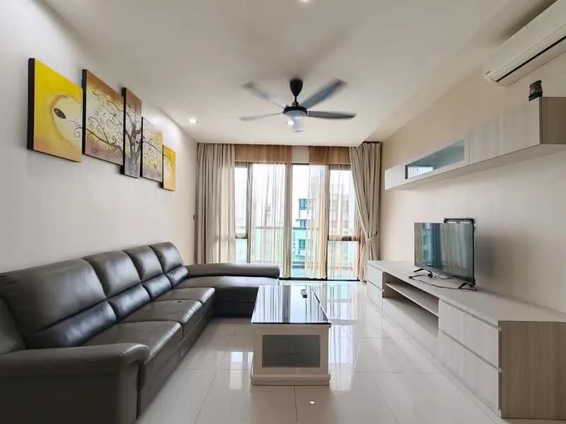 Living features: 3-seater leather sofa in grey, L-shape sectional sofa, coffee table with glass top, wall-mounted TV, TV console with storage, ceiling fan with light, recessed downlights, floor-to-ceiling windows, sheer curtains, white painted walls, glossy tile flooring, decorative wall art; style: modern; view: city.
