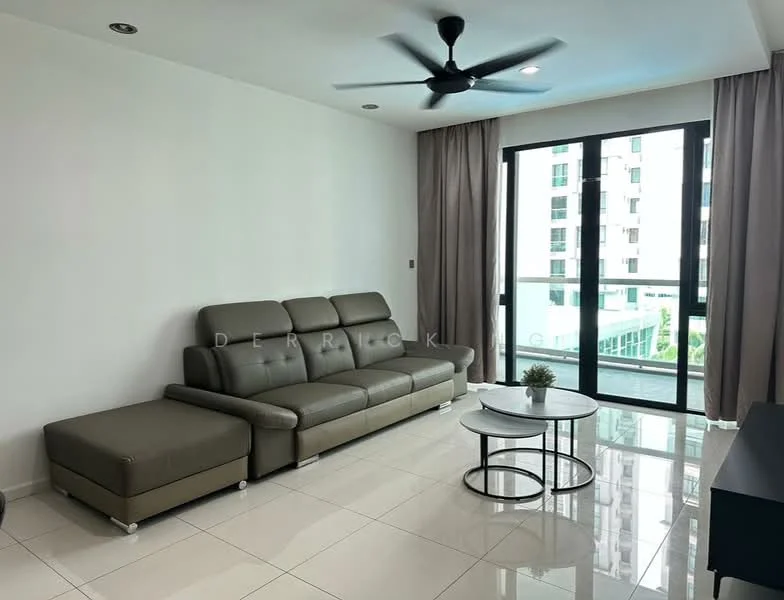 Living features: 3-seater leather sofa in grey, ottoman, round coffee table with black metal legs, white marble tile flooring, ceiling fan with light, floor-to-ceiling windows, sheer curtains, wall-mounted TV console, decorative plant; style: modern; view: city.