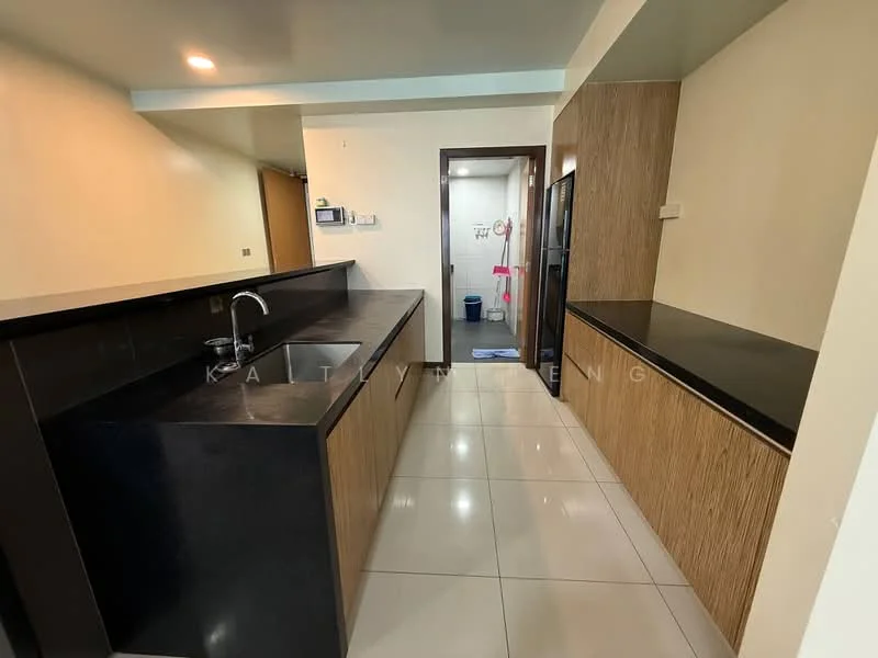 Kitchen features: black granite countertop, wood cabinetry, single-bowl stainless-steel sink, chrome pull-down faucet, built-in refrigerator, ceramic tile flooring, recessed downlights, wall-mounted switches, open layout, back wall with tiled surface; style: modern.