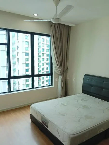 Bedroom features: queen-size bed, upholstered headboard, floor-to-ceiling windows, sheer curtains, wooden flooring, 5-blade ceiling fan, light-colored painted walls, decorative wall paneling; style: modern; view: city.