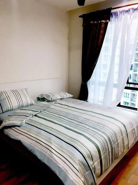 Bedroom features: queen-size bed with striped bedding, two decorative pillows, wooden bed frame, floor-to-ceiling window, sheer white curtains, dark brown curtain drapes, wooden flooring, ceiling fan; style: modern; view: city.