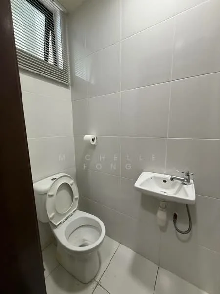 Bathroom features: white tiled walls, white tiled flooring, one-piece toilet, wall-mounted sink, chrome basin mixer faucet, toilet paper holder, window with blinds; style: modern.