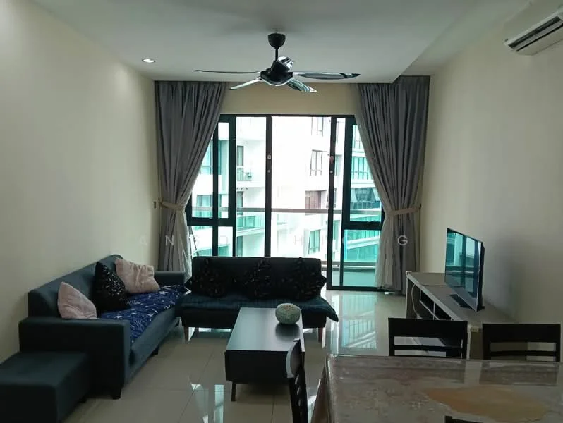 Living features: 3-seater fabric sofa in dark blue, 2-seater fabric sofa in grey, coffee table, wall-mounted TV, floor-to-ceiling windows, sheer curtains, ceiling fan, glossy tile flooring, decorative throw pillows, TV console, area rug; style: modern; view: city.