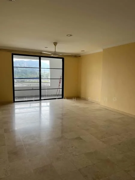 Living features: cream painted walls, marble tile flooring, 5-blade ceiling fan, floor-to-ceiling windows, sliding glass door, natural light from windows, view of outdoor space; style: modern; view: city.