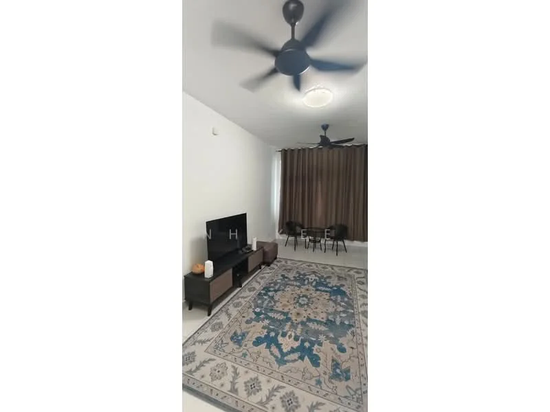 Living features: 5-blade ceiling fan with integrated LED light, wall-mounted TV, TV console, area rug with intricate pattern, black dining chairs, curtains in brown, white painted walls, light-colored flooring; style: modern.