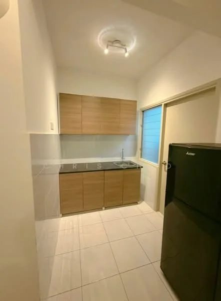 Kitchen features: white painted walls, tile flooring, wood cabinetry, stainless-steel sink, chrome faucet, black refrigerator, countertop with backsplash, recessed ceiling lights; style: modern.