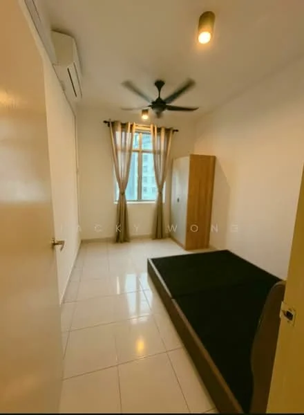 Bedroom features: white painted walls, tile flooring, 5-blade ceiling fan, window with sheer curtains, built-in wardrobe, queen-size bed frame without mattress, natural light from window, light fixture on ceiling; style: modern.