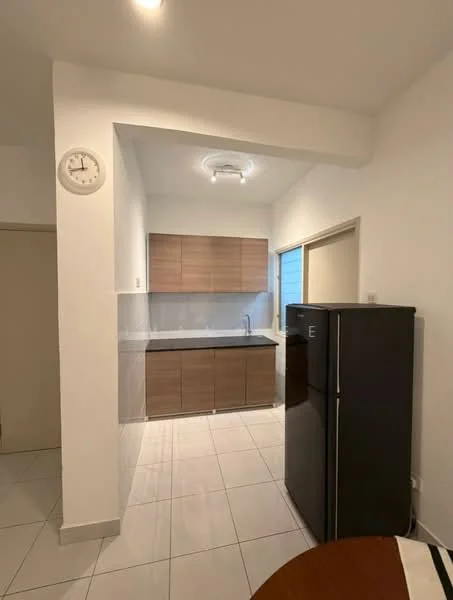 Kitchen features: white painted walls, tile flooring, wooden cabinetry in light brown, black countertop, stainless-steel sink, chrome faucet, refrigerator, ceiling light fixture, wall clock, window with natural light; style: modern.